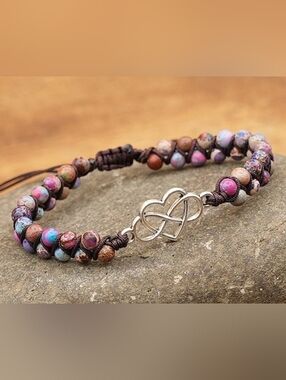 NWOT Handmade Multicolor Beaded Bracelet with Silver Double-Heart Charm